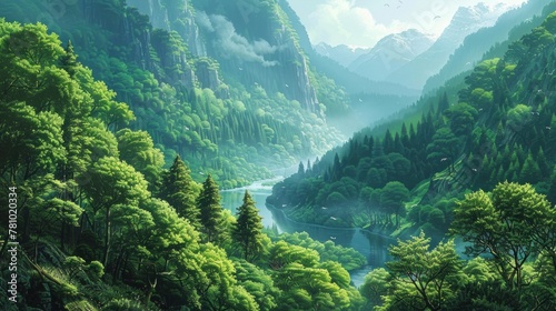 A serene river winding through a verdant valley, flanked by towering trees in various shades of green. © 2D_Jungle