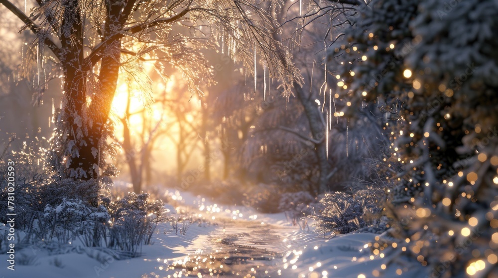 A snowy woodland glade, with delicate icicles hanging from frost-covered branches in the pale sunlight. A snowy woodland glade, with delicate icicles hanging from frost-covered branches in the pale sunlight.