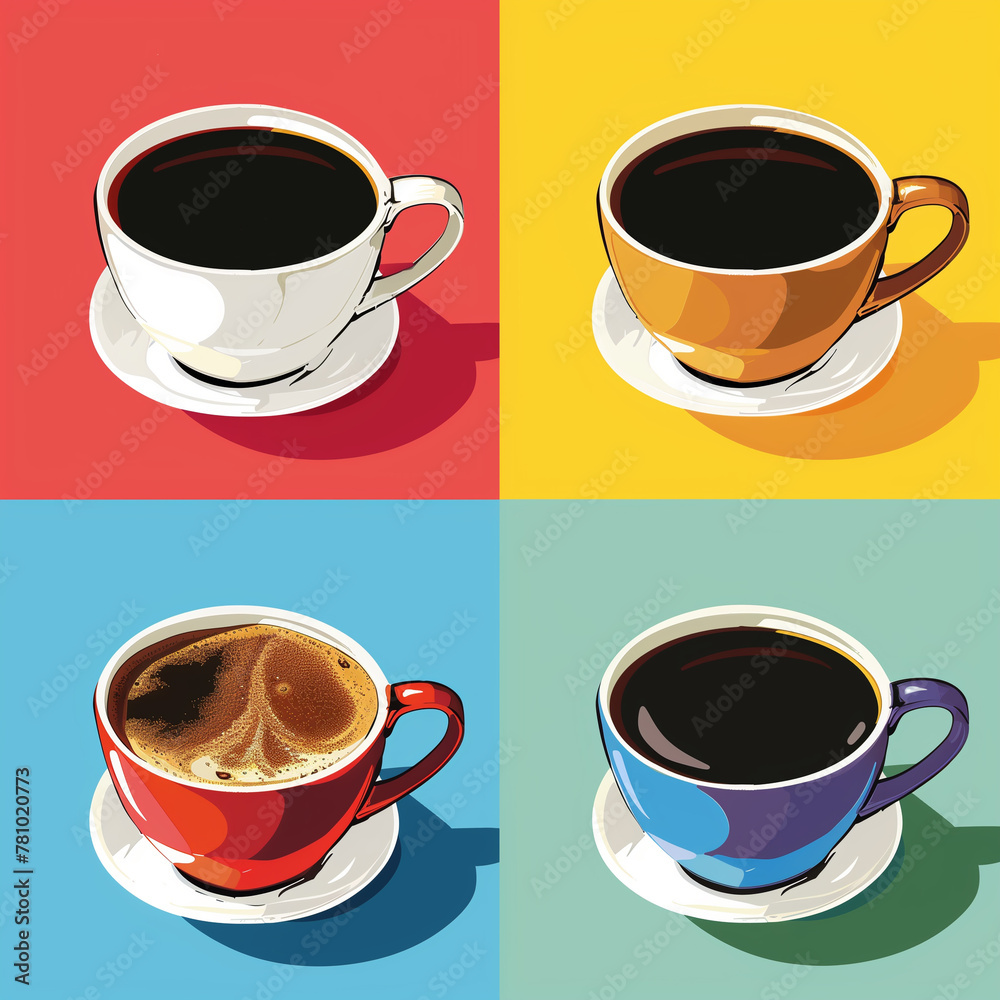 A cup of coffee set colorful contrast scheme, flat illustration style, pop art design, Generative AI A cup of coffee set colorful contrast scheme, flat illustration style, pop art design, Generative AI