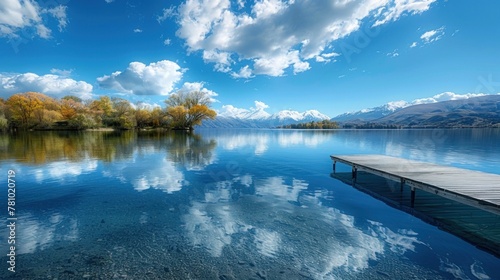 A tranquil lakeside scene, with crystal-clear waters reflecting the serene blue sky above.