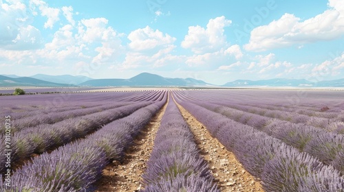 A tranquil lavender field in bloom  with rows of fragrant purple flowers stretching towards the horizon.