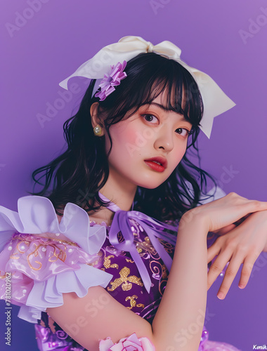 華やかな装いのレトロポップなアイドル風アジア人女性