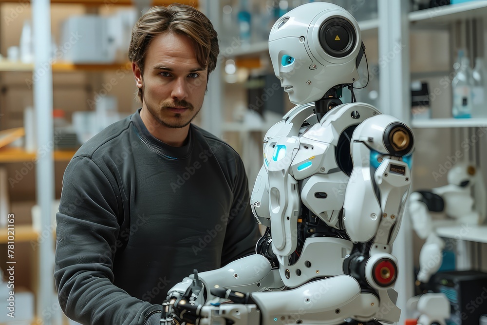 Fototapeta premium Male engineer working with android robot in a laboratory for the creation of humanoid android robots to help humans. Laboratory's dance, androids move, rhythm of progress.