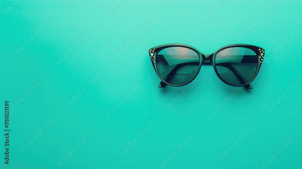 Pair of sunglasses lying on teal-colored surface Pair of sunglasses lying on teal-colored surface
