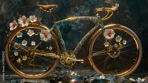  bicycle adorned with gold and pink jewels, placed in a hallway with large windows and marble floors.