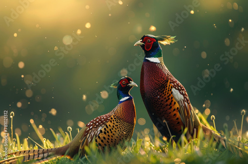 A beautiful pheasant male and female in green grass