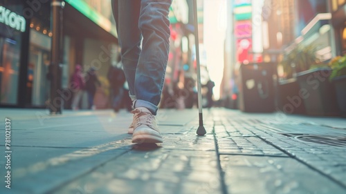 Close-up of person's feet walking on city street, with blurred pedestrians in background