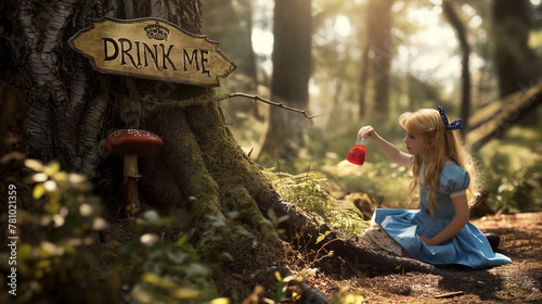 Alice in Wonderland Holding a Magic Potion Beside a Sign That Reads DRINK ME
