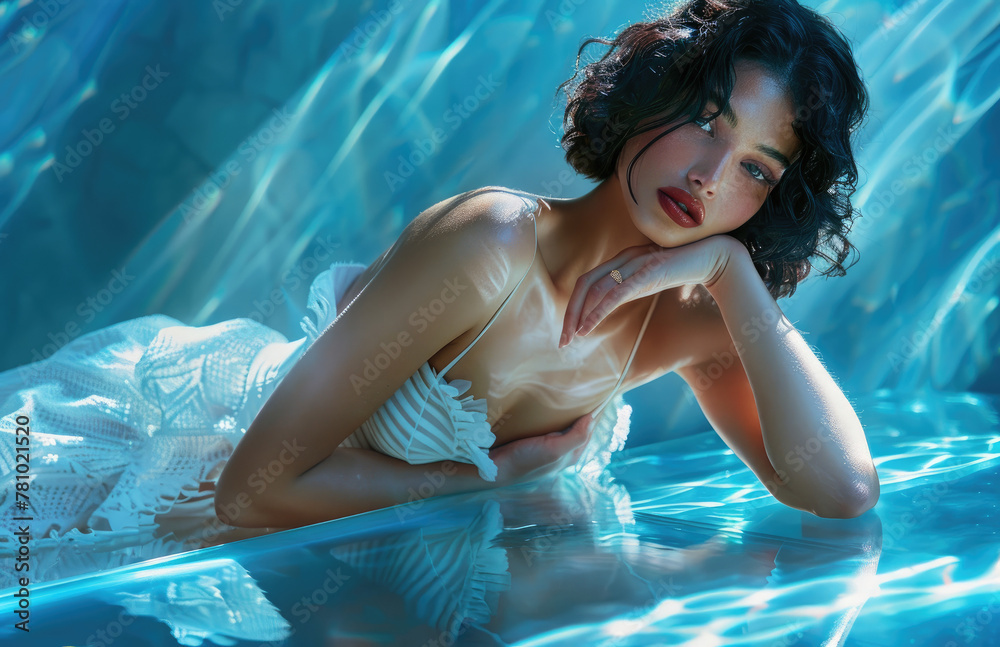 A beautiful woman with her chin resting on the table, wearing a white strappy top and skirt, posing for a photoshoot in front of a blue backdrop, her hand reaching over to touch her face