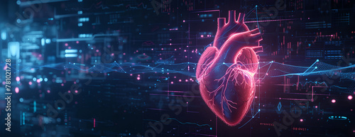 a human heart is on a dark background with many different icons, technology background , neon light #781021728