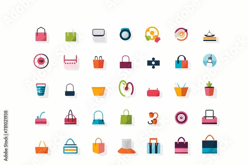A collection of sleek, minimalistic vector icons representing various shopping in vibrant colors on a white solid background