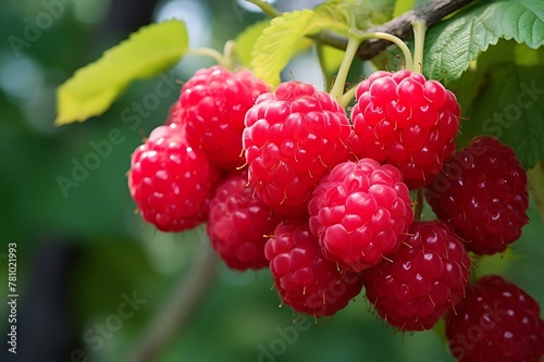 Raspberry on a tree in the orchard. Fresh Raspberry fruits
