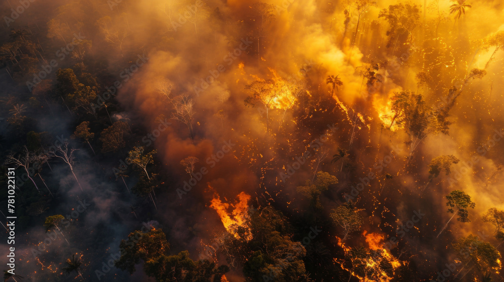 Aerial view of a forest fire in the Amazon rainforest in Brazi