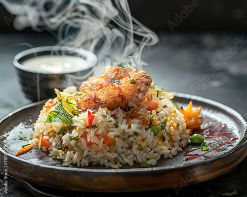A steaming plate of fried rice with vegetables, topped with a golden, crispy fish fry and a side of dairy-based dip, amidst rising fumes