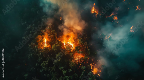 Aerial view of a forest fire in the Amazon rainforest in Brazi