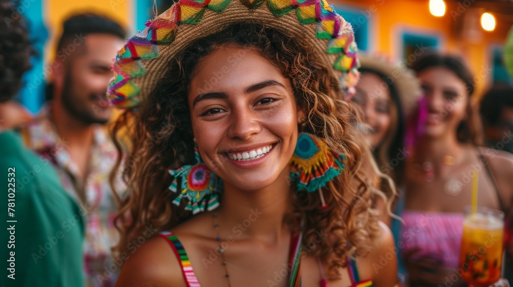 A latino woman smiles with her friends celebrating Cinco de Mayo, a traditional Mexican cultural celebration holiday. A latino woman smiles with her friends celebrating Cinco de Mayo, a traditional Mexican cultural celebration holiday.