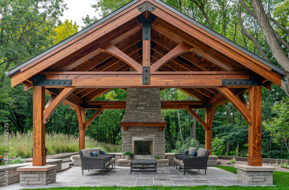 A large wooden roof with beams, a stone fireplace in the center of an outdoor living area surrounded by grass and plants on one side