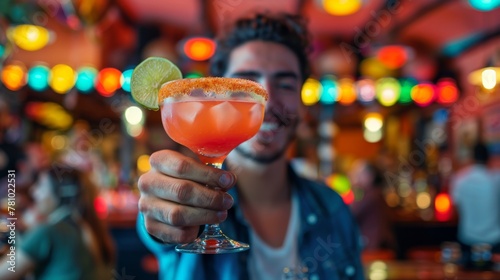 Man holds up a drink to camera in a bar having fun on Cinco de Mayo, a traditional Mexican cultural celebration holiday. 