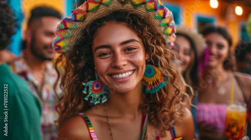 A latino woman smiles with her friends celebrating Cinco de Mayo, a traditional Mexican cultural celebration holiday.  © Jordan