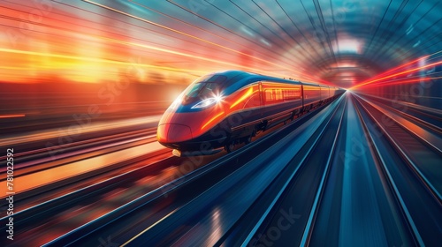High-Speed Train Speeding Through a Vibrant Sunset Tunnel  © Sippung