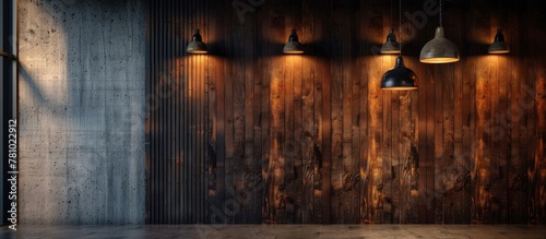The dark room is illuminated by three distinct lamps suspended from the ceiling photo