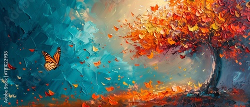 Oil painting, abstract tree, palette knife, colorful leaves, and butterfly, on a dynamic background with striking lighting and highlights photo