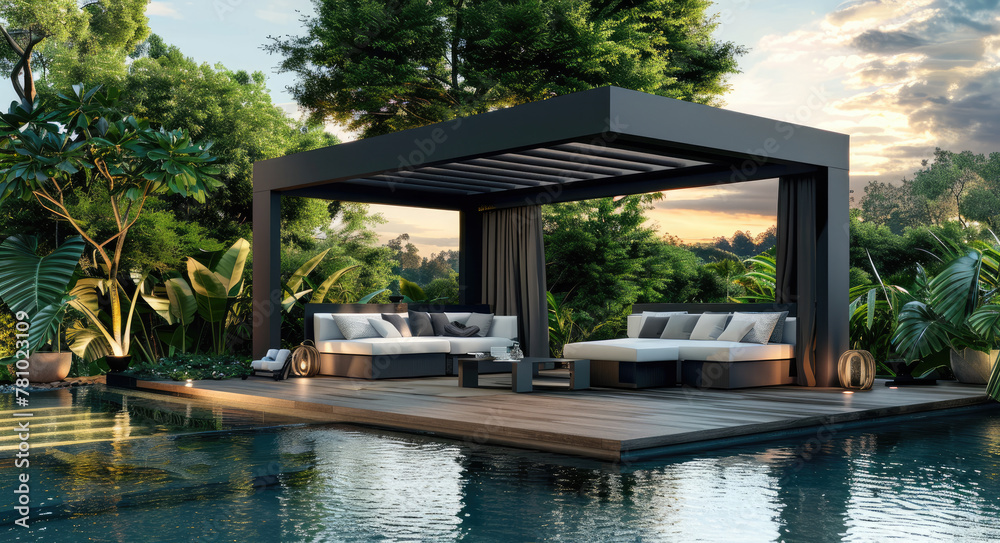 A black rectangular modern gazebo with two sides, placed on the wooden deck of an outdoor swimming pool surrounded by trees and plants at sunset.
