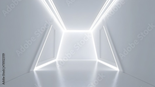 Empty Minimalist Futuristic Illuminated Geometric Sci-Fi Corridor in Clean White Background