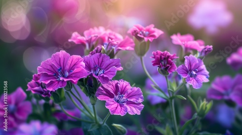 Purple flowers in garden with blurred backdrop