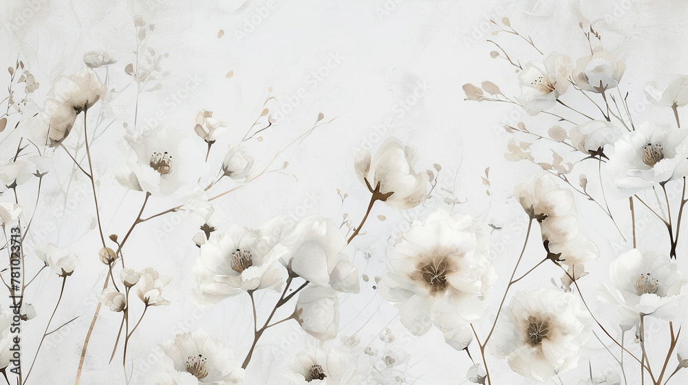 An artistic arrangement of white floral patterns in watercolor, with dark, thin sticks scattered across, offering a minimalist yet bold design An artistic arrangement of white floral patterns in watercolor, with dark, thin sticks scattered across, offering a minimalist yet bold design