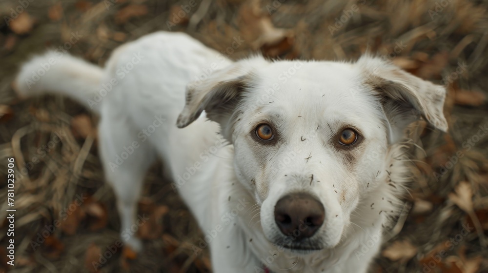 White dog looking up camera White dog looking up camera