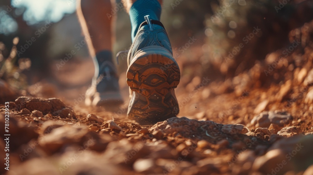 Dynamic close-up of trail runner's shoes on a rugged dirt route, capturing the essence of mountain trail adventure Dynamic close-up of trail runner's shoes on a rugged dirt route, capturing the essence of mountain trail adventure