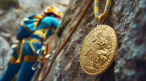 Close-up on a gold medal's intricate details, hanging over a rock climber's harness, a story of victory and challenge photo