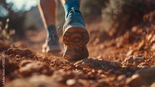 Dynamic close-up of trail runner's shoes on a rugged dirt route, capturing the essence of mountain trail adventure