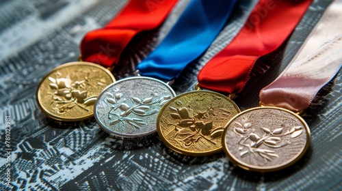 Gold, silver, and bronze medals in a triumphant close-up, ribbons perfectly aligned, the epitome of Olympic winning