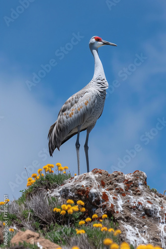 Sandhill Crane on a Hill with Spring Wildflowers
