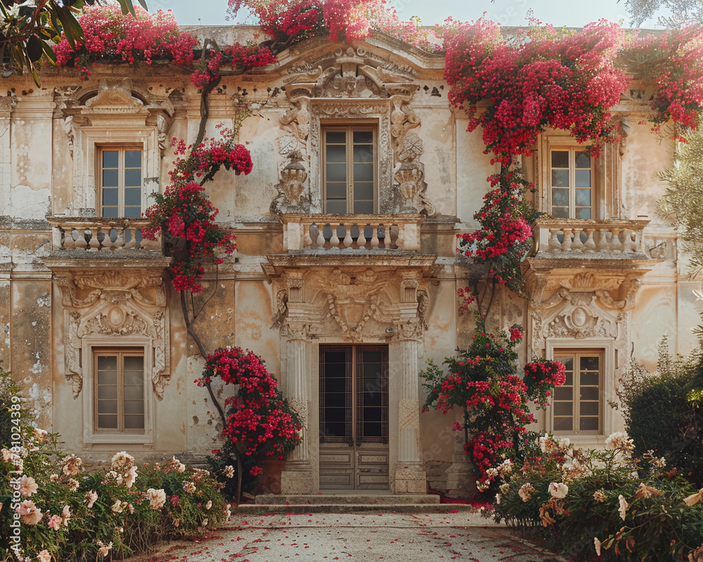 The facade of a baroque building, adorned with geometric reliefs, surrounded by gardens bursting with blooms and colorful petals