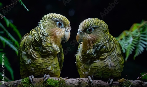 Two parrots are sitting on a branch together looking at each other. Generative AI. photo