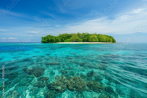 A small island surrounded by clear water and coral reef. © serg3d