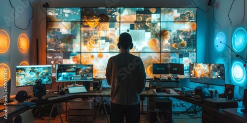 A man standing in front of a large screen with multiple monitors. Generative AI.