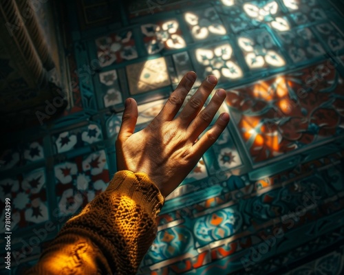 A person reaching out to touch a patterned tile floor.
