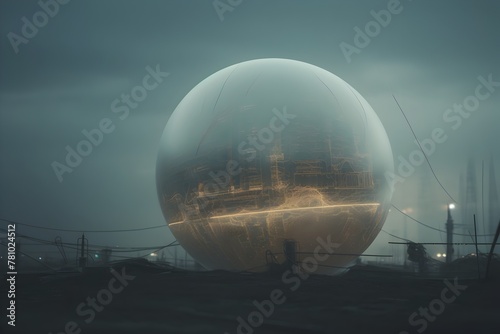 Illuminated Futuristic Digital Sphere Embedded with Glowing Circuit-Like Patterns in a Surreal Landscape