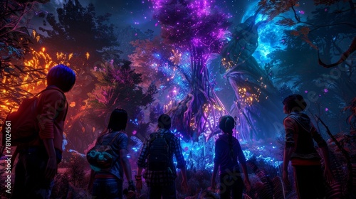 A group of avatars their backs facing the camera marvel at the vibrant colors and magical creatures within the enchanted forest. . .
