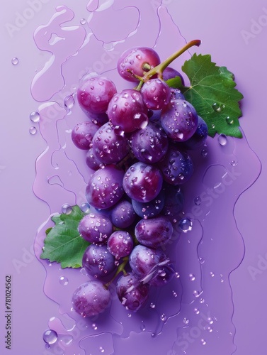 A bunch of grapes are sitting on a purple background. Generative AI.