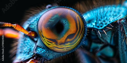 A close up of a blue bee with colorful eyes. Generative AI. photo