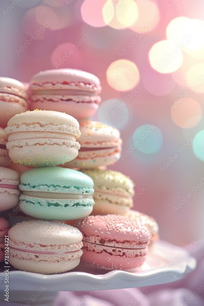 A stack of colorful macarons on a plate with pink and purple lights.
