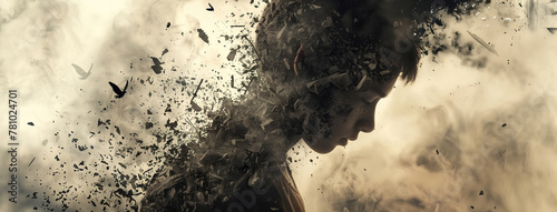 Mysterious disintegration of a human silhouette against a smoky backdrop. A side view of a persons head disintegrating into particles amidst swirling smoke photo