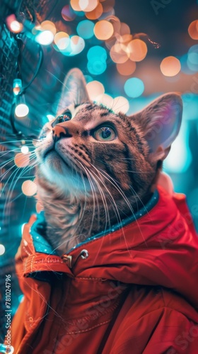 A cat wearing a red coat looking up at lights. Generative AI. © serg3d