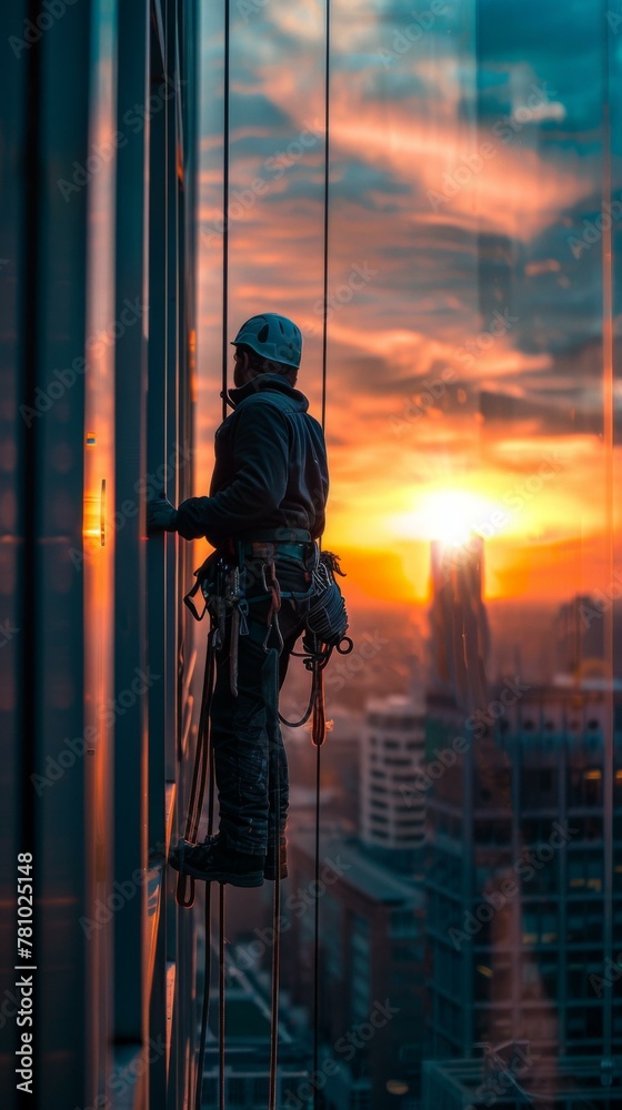 A man on a building with the sun setting in front of him. Generative AI.