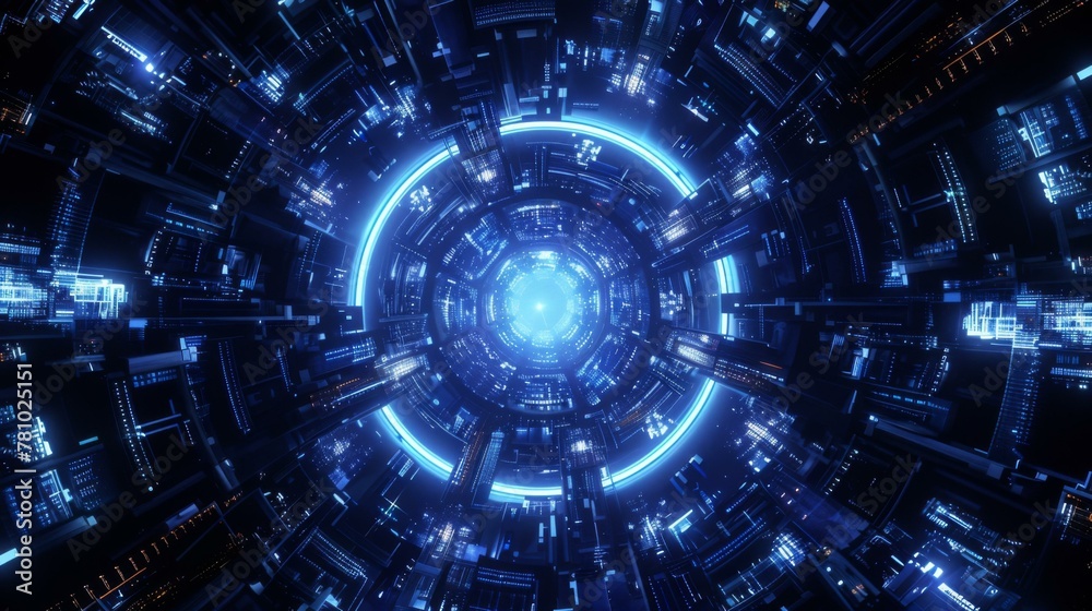 A futuristic looking blue and white circular structure. Generative AI. A futuristic looking blue and white circular structure. Generative AI.
